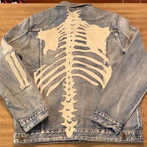 Denim Jacket w/ “Bones” Embroidery on Back and Arms, Mens Sz Large, Stone Wash
